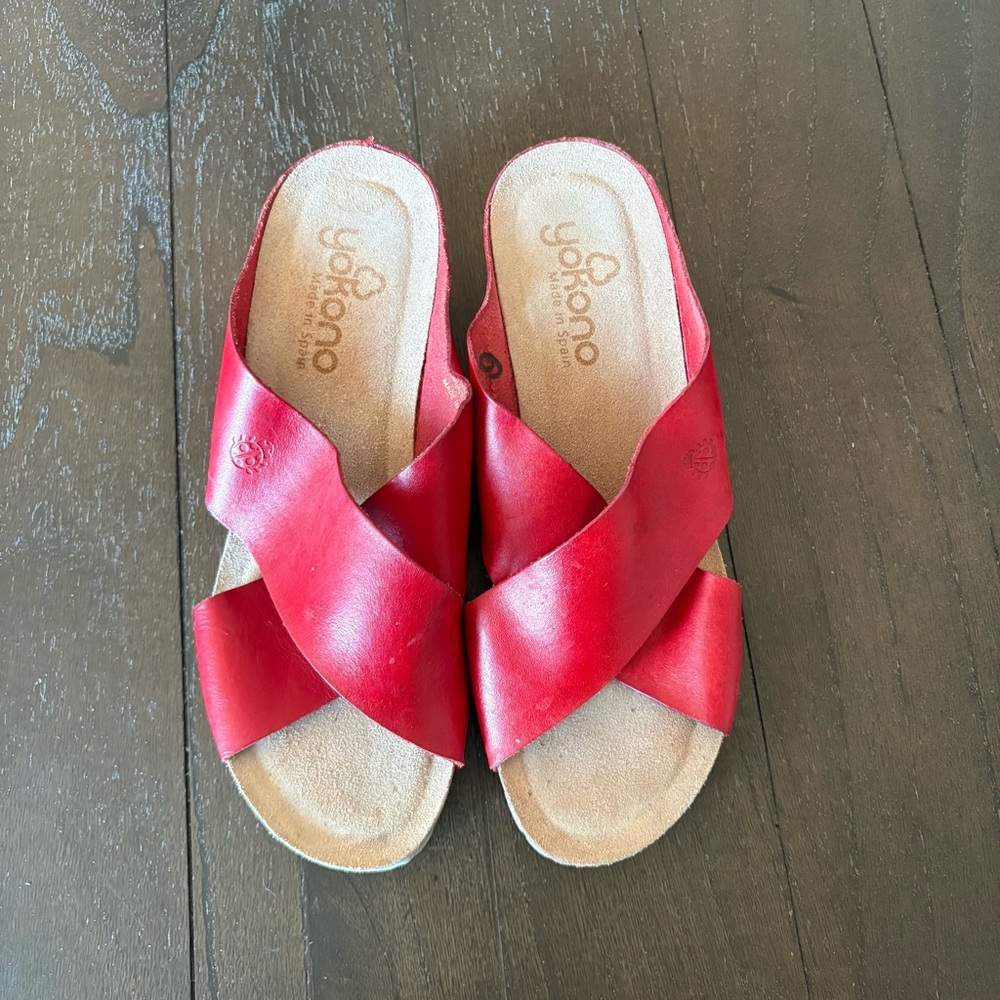 Yokono Red Leather Cork Wedges Crisscross Sandals Size‎ 9